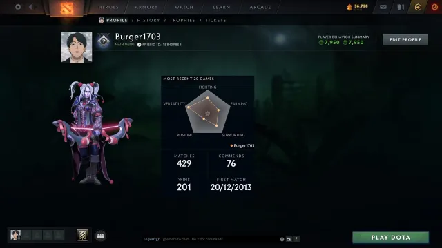 Legend, Sale, 3285 MMR, 7950 Honesty, 7950 Politeness, 429 Matches, 713 Hours