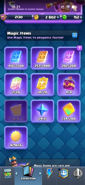 2130 level, 35 evo, 13 heroes. 60-16 cards, 32 arena, 2130 level, 15000 trophies, 123 cards, 21 leg, Available