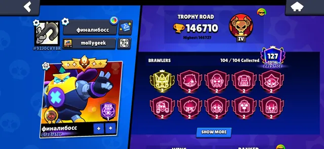 146k Cups 5x Master 2-35 ranks many rare skins, trophies 146700, brawlers 104, primes 127