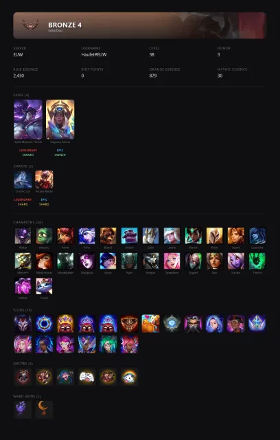 🟡┃👑 COSMIC LUX / SPIRIT BLOSSOM THRESH / ODYSSEY KARMA┃🕗 АВТОВЫДАЧА┃🤍 СМЕНА НИКА┃✅ ПОЧТА┃, Продажа, уровень 38, чемпионы 26, скины 4, Бронза