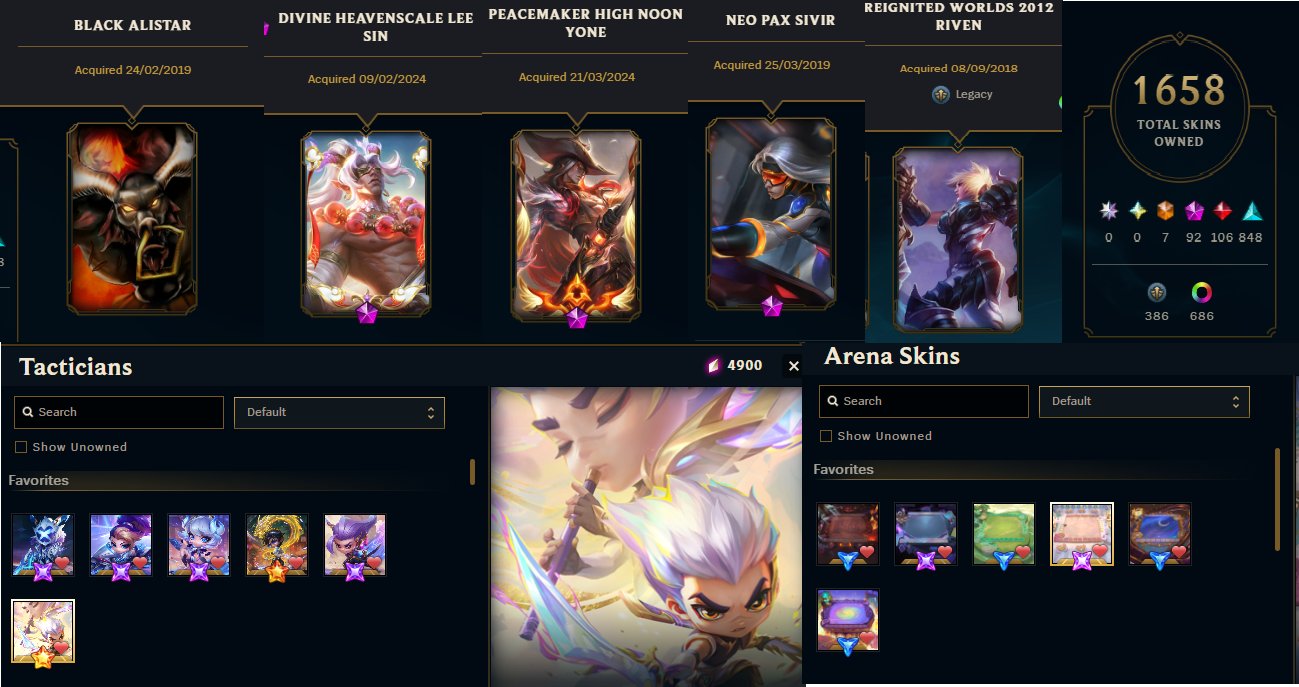 SUPER RARE|Black Alistar|NEO PAX SIVIR|1658 Skins|TFT| 2 Prestige Chibi 4 Mythic + 2 Mythic Arena, Sale, level 100, champions 172, skins 1658, Unranked