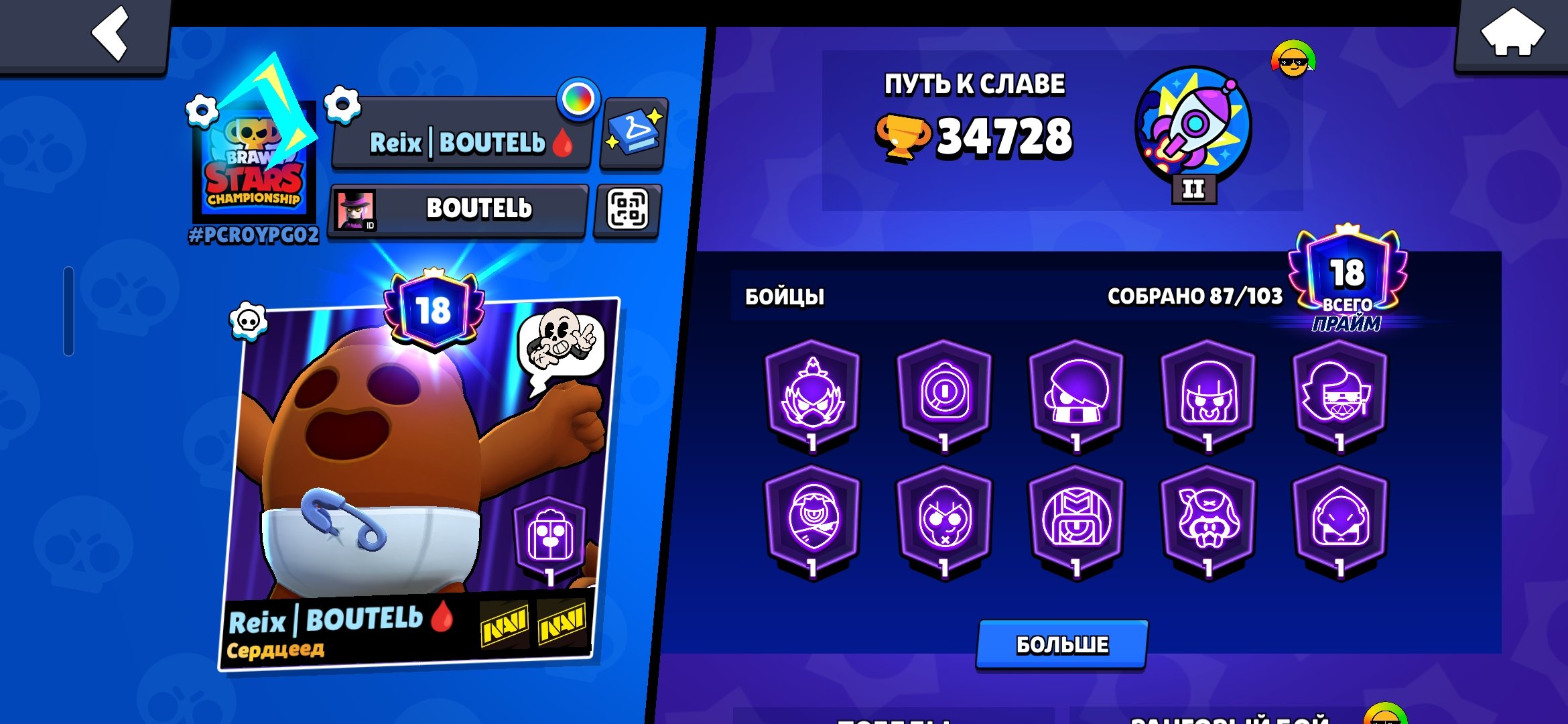old account, trophies 34728, brawlers 87, primes 18
