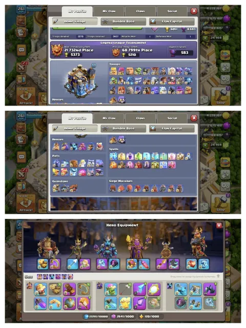 Th 18>Max base➤6 hero max➤Lab& Df almost max type➤25k gems➤11 epic max 2-26➤best Equipment, 18 TH Родной Деревни, 10 TH Строителя