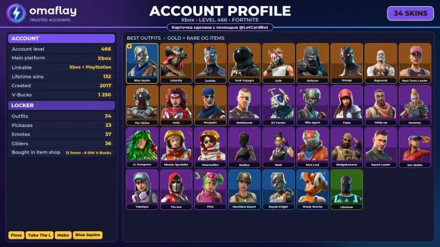 ⚡ 【FORTNITE】 💎 OG STW, Floss, Take The L, Mako, Blue Squire 💎 34 skins | 466 lvl | 1250 V-Bucks, Sale, skins 34