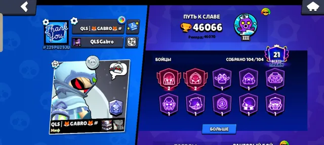 Old account from 2020 years, trophies 46066, brawlers 104, primes 21