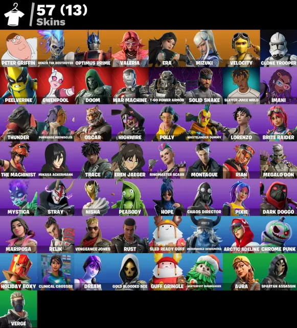 👕 57 скинов 🎮 1308 Уровень 💰 100 V-bucks 💰 Peter Griffin | Renzo the Destroyer | Optimus Prime |, Продажа, скины 57