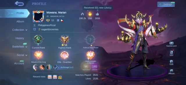 Epic Nana✨Lancelot⚡Gara Vale🌟Lunox💫Belerick💎Dragon Kimmy🌸Masha🔥Emblem Max, Продажа, Ранг: Эпик, Уровень: 53, Процент побед: 53%, Герои: 101, Облики: 185