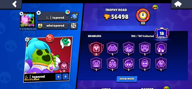 account from 19-20 year I don't remember, 56500 trophies, 106 brawlers, 18 primes