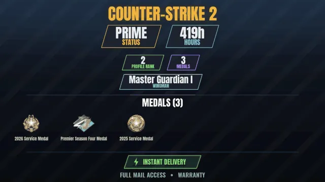 【CS2 Prime👑419ч✨3 медалей】 Медаль за службу 2025, Медаль за службу 2026, Медаль Premier, сезон 4, Продажа, С инвентарем, Есть PRIME