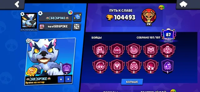 Brawl Stars account, 104493 trophies, 107 brawlers, 87 primes
