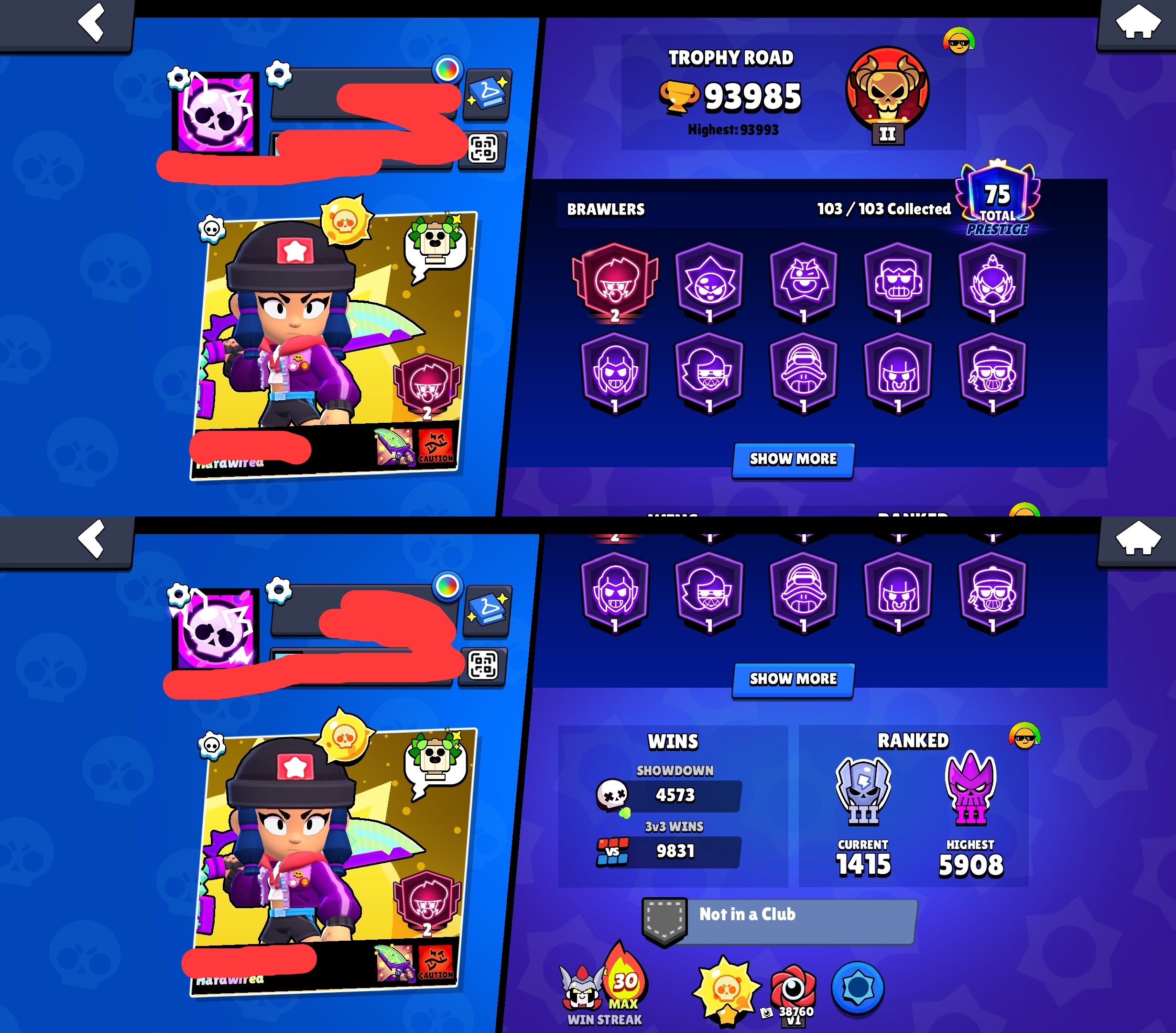 🏆𝟵𝟰𝐊🏆【𝟰 BP+🎫, HEROINE BIBI】👤1О3/1О3👤𝟯𝟵𝟱 SKINS~40k💎❰𝟱𝟭 11-x C HYPER❱📹VIDEO📹, trophies 94000, brawlers 103, primes 75