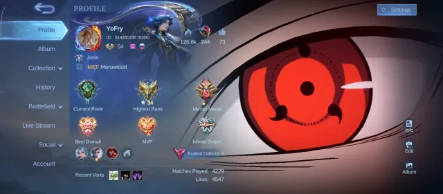 Personal account, tons of cool skins: Naruto collab, Hello Kitty, Aspirants, Legendaries., Sale, Rank: Epic, Level: 54, Winrate: 54%, Heroes: 130, Skins: 277