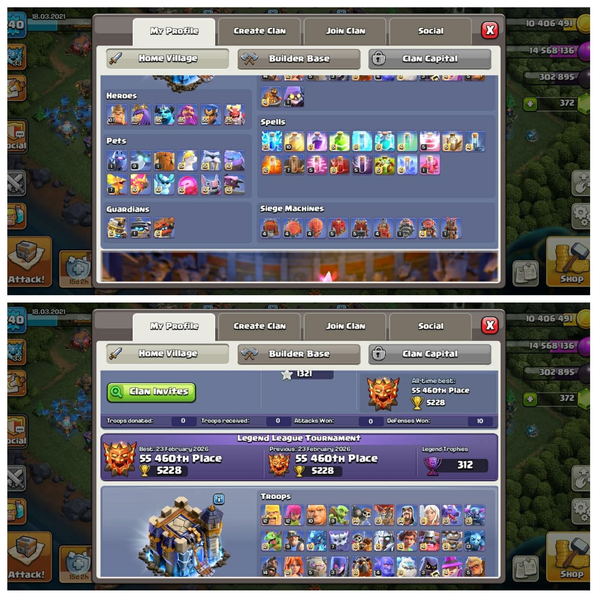 Th 18➤Near max➤League skin set➤5 hero max king 107➤10 epic max➤good equipment➤, 18 TH Main Village, 10 TH Builder