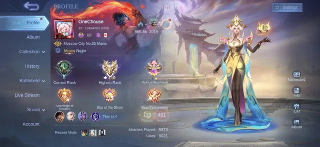 MYTH IMMORTAL | LOTS OF COLLAB SKINS | ACCOUNT FOR ANY ROLE | COLLECTORS, LEGENDARIES. Rank: Mythical Immortal, Level: 68, Win Rate: 53%, Heroes: 133, Skins: 481