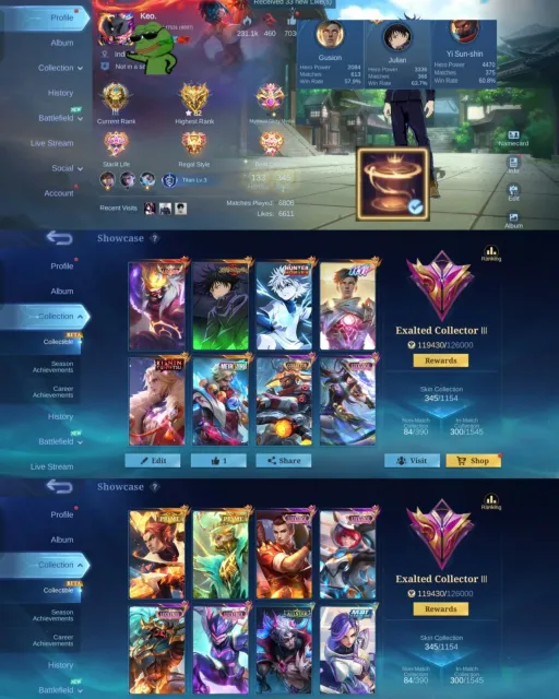 🪝 Franco Legend ⚔️ Lancelot Kishin ⚡ Harith Killua 👹 Julian Megumi 🚇 Roger Metro 🏹 YSS Collector, Продажа, Ранг: Мифический Бессмертный, Уровень: 66, Процент побед: 70%, Герои: 133, Облики: 345