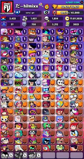 juicy account in Brawl 2022, trophies 57000, brawlers 103, primes 37