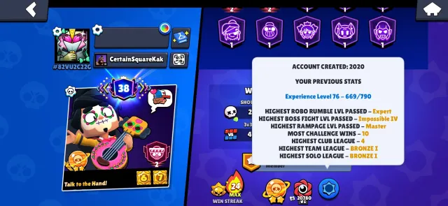 🏆58893🏆【🎴 104 FIGHTER(13 LEG+KAJE+SIRIUS) 🎴】【⚡37-11 POWER (30 HYPER)⚡】【😎 OLD ACC 2020😎】【👑TOP SKINS👑】, trophies 58893, brawlers 104, primes 38