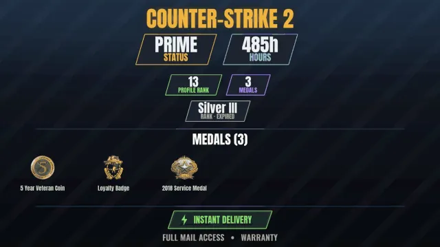 【CS2 Prime✨485h🏆3 medals】【RUST】 Service Medal 2018, Loyalty Badge, 5 Year Veteran Coin, Sale, Inventory empty, Has PRIME