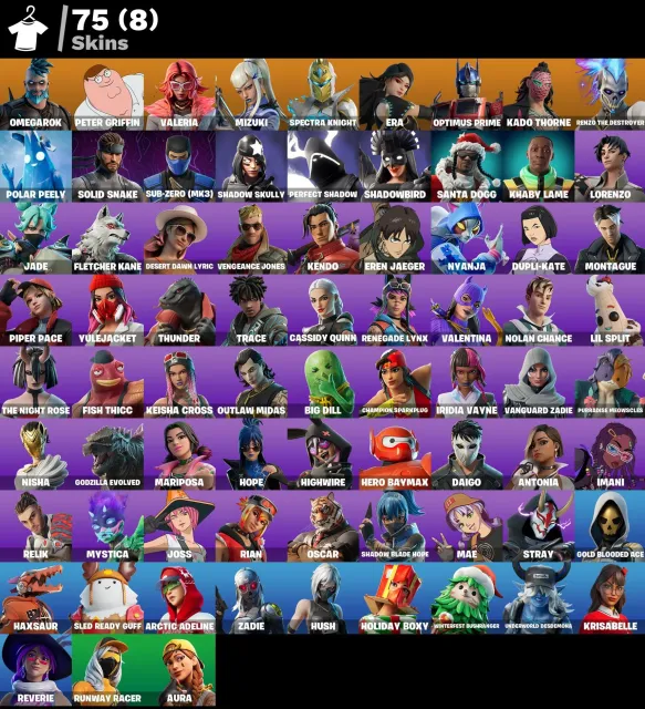 👕 75 скинов 🎮 1817 Уровень 💰 0 V-bucks 💰 Omegarok | Peter Griffin | Valeria | Mizuki | Spectra, Продажа, скины 75