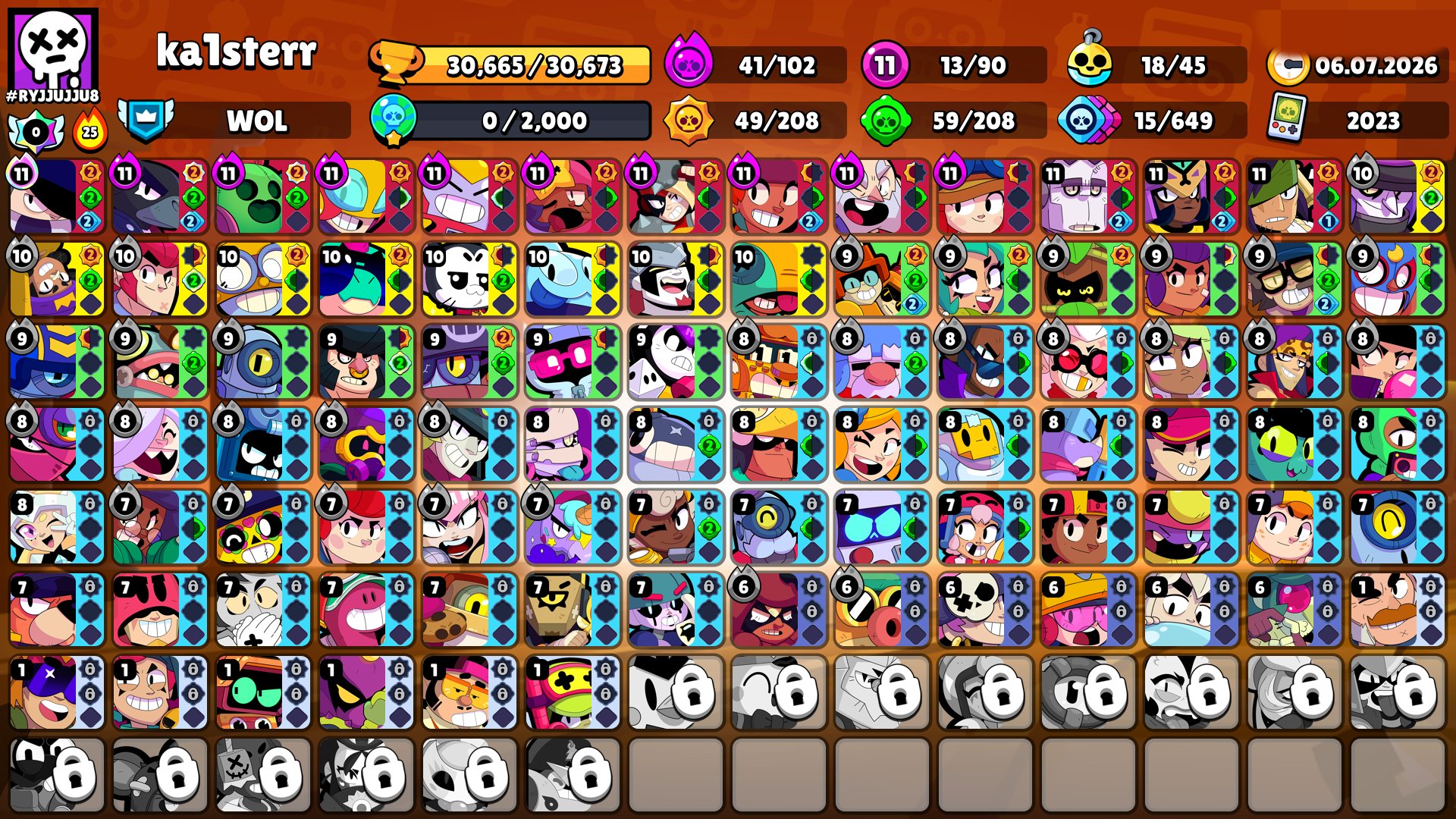⚠️[AUTO]💎⭐️🔮30k🏆🔮90 of 102🔮 13-11 PWR 🔮9 PRIMES 💞💞 COOL ACCOUNT 💘, trophies 30000, brawlers 90, primes 9