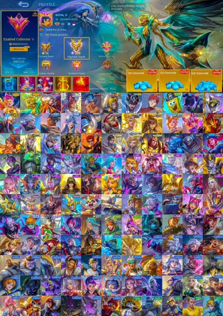 💎 Exalted 5 🎀 Claude 🎯 Granger Prime ⚔️ Lancelot Royal Matador, Продажа, Ранг: Мифический Бессмертный, Уровень: 99, Процент побед: 55%, Герои: 133, Облики: 340