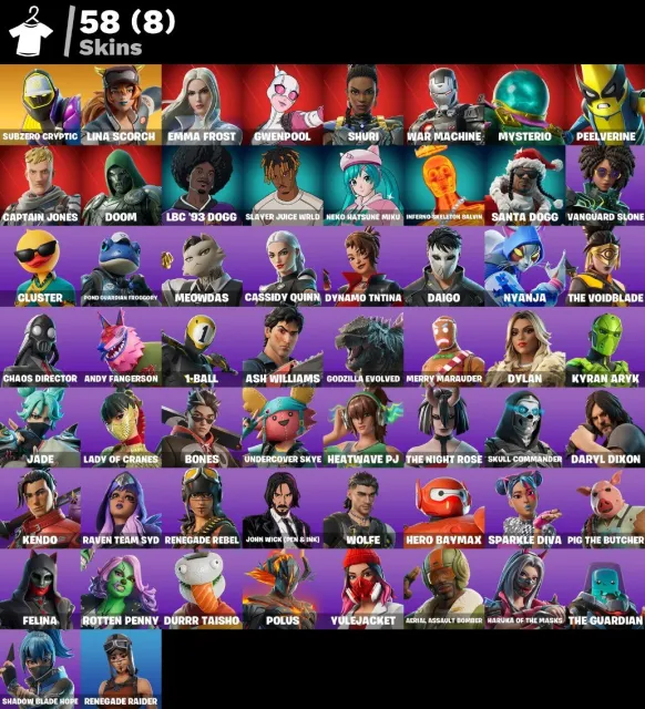 👕 58 skin 🎮 1160 Seviye 💰 50 V-bucks 💰 Renegade Raider | Subzero Cryptic | Lina Scorch | Emma, Satış, skinler 58
