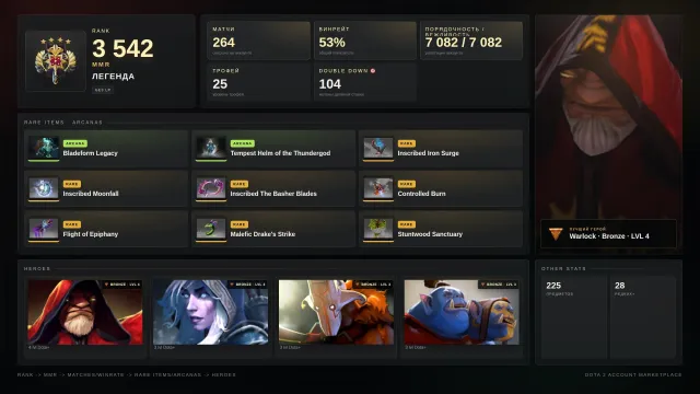 ✨Légende 4 ≈ 3542 MMR✅7082 POLITESSE✅✨Jug/Zeus Arcana✨2 mois Dota+✨⚔️25 trophées⚔️🎯104 doubles, Vente, 3542 MMR, 7082 politesse, 7082 courtoisie, 264 matchs, 207 heures