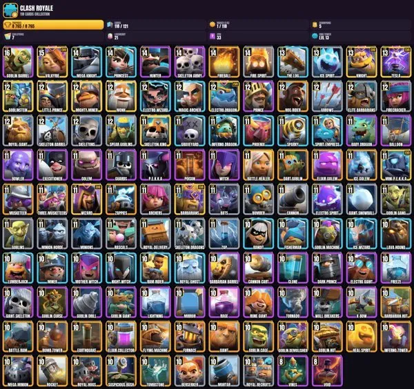 13 King Level 💠 118 Cards 💠 7 EVO CARDS 🎯 1×16 Level 💠 1×15 Level 💠 6×14 Level 🏆 4×13 Level 🎮 16×12 Level 💠, Arena 22, King Level 13, 8765 Trophies, 118 Cards, No