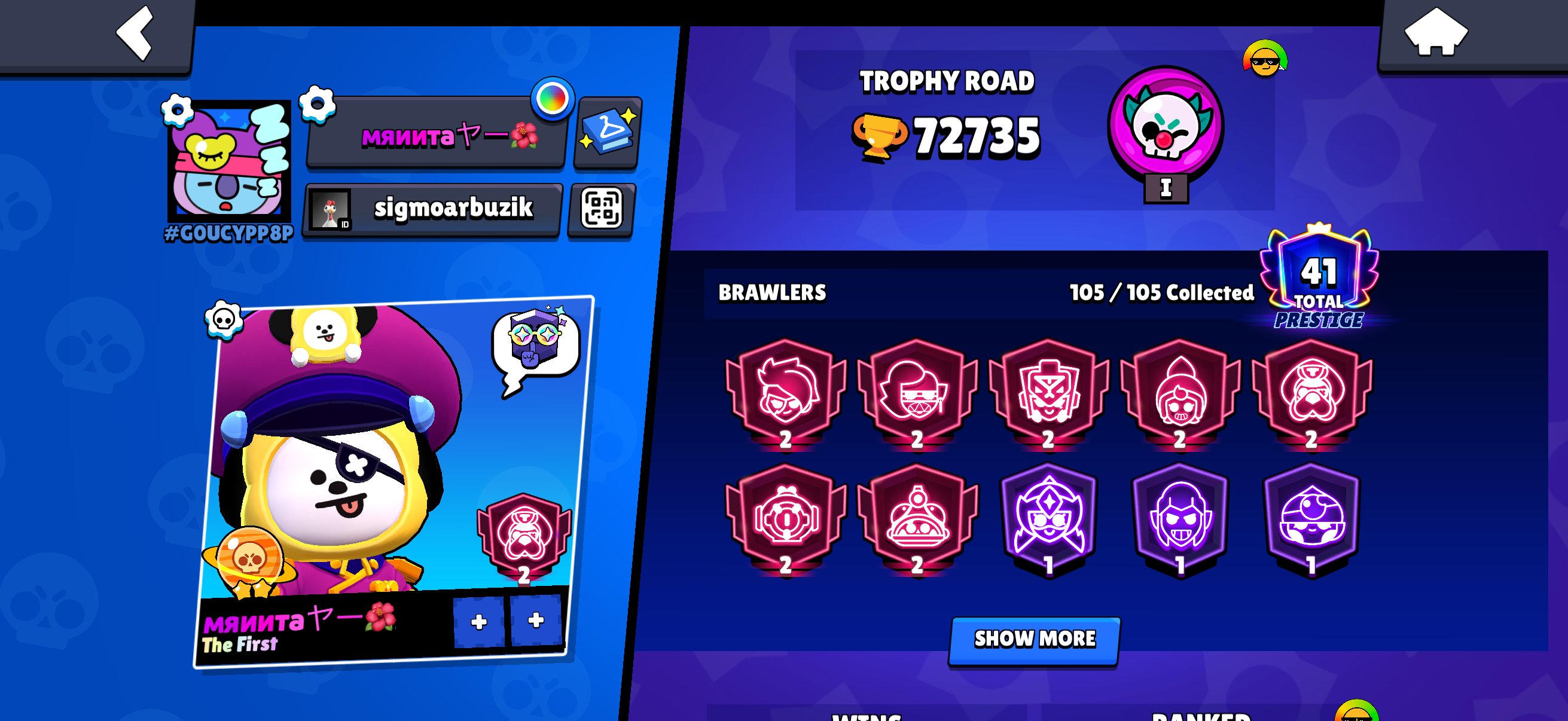 TOP ACC WITH PIN 35 Rank, trophies 72735, brawlers 105, primes 41