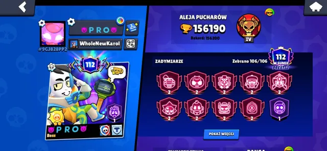 Brawl Stars account with 156k trophies, 387 skins and 23 legendary skins., 156190 trophies, 106 brawlers, 112 primes