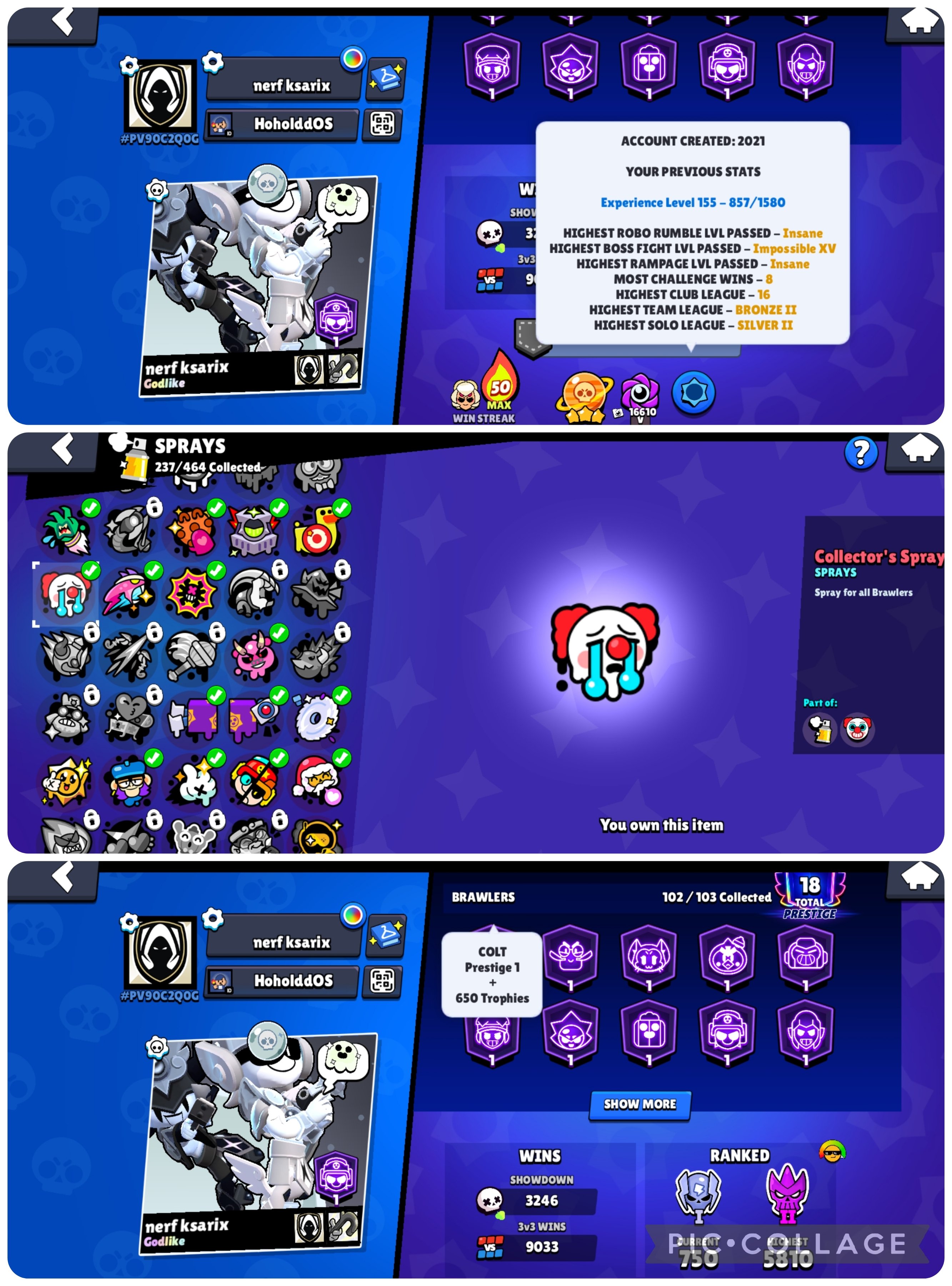 🏆𝟔𝟏𝟓𝟎𝟎🏆🀄𝟑𝟑 BUFFIES🀄❤️🔥PRO PASS❤️🔥🔮GOLD MECHA CROW + BO🔮🏅DUSTIN NITA🏅⚔️𝟖𝟕 x 10+ POW⚔️, trophies 61426, brawlers 102, primes 18