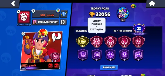 Good account for playing, third prime on Emz, 32000 trophies, 86 brawlers, 23 primes