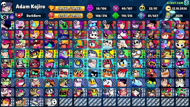 💜 《🏆74,660 CUPS🏆》《👤 107 BRAWLERS👤 》《🌟40x11 POWER🌟 》《💰280+ SKINS💰》《🌟VERY FAT ACCOUNT🌟》💜, 74660 cups, 107 brawlers, 46 primes