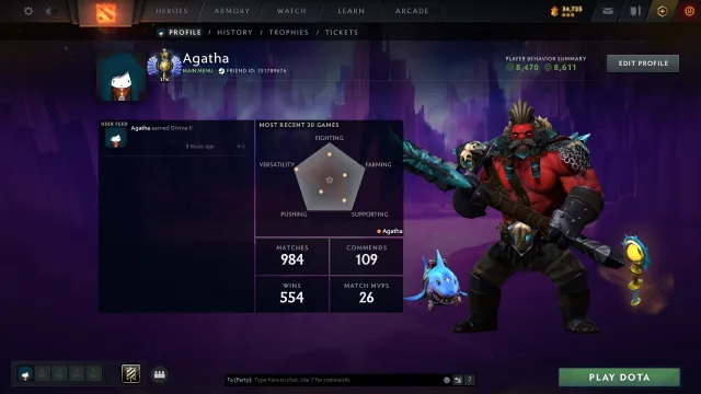 🎮 Божество 🎯 Мейнпул 🏆 36 Трофей 🕹️ Матчей: 1035 🎫 Жетонов: 5 🎁 Arcana Techies, Продажа, 5655 MMR, 9219 порядочности, 7454 вежливости, 1035 матчей, 2390 часов