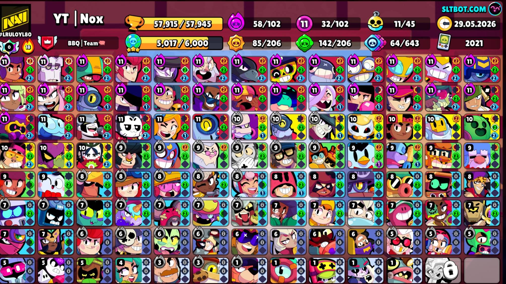 Brawl Stars Account ❤️ 💛55k Trophies 💛 💜102 Characters 💜💚Rare Skins 💚🖤, trophies 57915, brawlers 102, primes 33