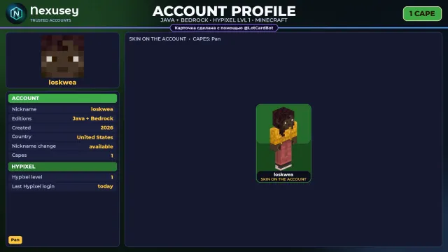 🚀 ⟦ MINECRAFT ⟧ JAVA + BEDROCK ✦ 1 CAPE: Pan ✦ FULL ACCESS ✦ NO BAN HYPIXEL (1 LVL) ✨ #4FOJ5S, Sale, All account data
