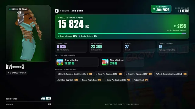 💎 потрачено Robux: 23K 📅 рег. 2025 🧱Grow a Garden 15K 🧱Steal a Brainrot 533 🎒 инвентарь: 6K, Продажа, Voice chat: Нет