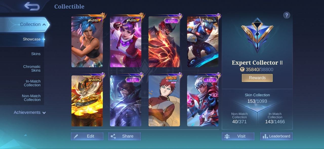 Kof Guinevere➤Kof Kairna➤Nauruto Ghara Vale➤23 Deluxe➤All Emblem Max➤Epic Roger➤Full acces, Sale, Rank: Mythic, Level: 47, Winrate: 52%, Heroes: 87, Skins: 153