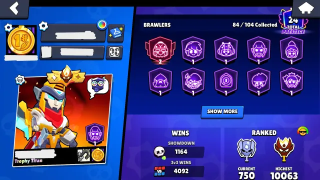 ACC 35K | 11-35 Ranks | TROPHY TITAN | 2x 2024 Master | 30-11 Powers, trophies 35000, brawlers 84, primes 24