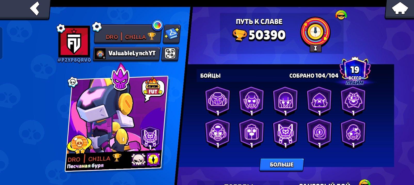 good account I don't understand English, write in Russian, trophies 50000, brawlers 104, primes 19