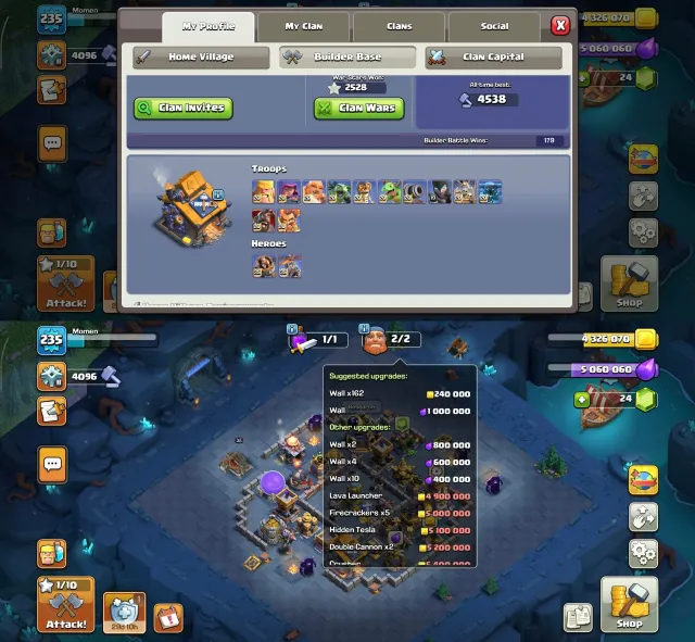 LEGEND LEAGUE-2➤PROFILE-100% MAX➤[13 EQUIPMENT ALMOST MAX]2 EPIC LVL-20➤60% DISCOUNT SHOP➤LOCAL BD, 18 TH Родной Деревни, 10 TH Строителя