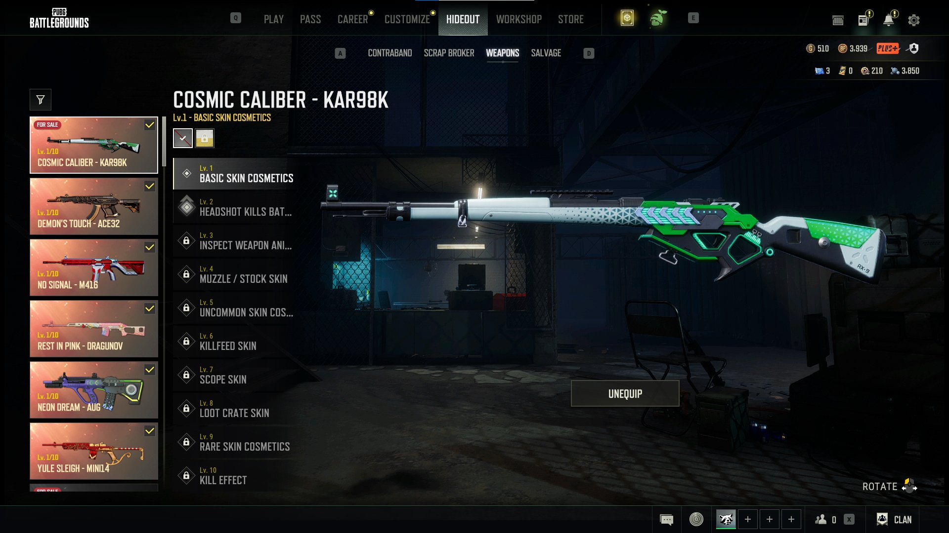 🔥6 PROGRESSIVE SKINS: AUG - NEON DREAM | MINI14 - YULE SLEIGH | KAR98 - COSMIC CALIBER + 3 MORE, Yes BATTLEGROUNDS Plus