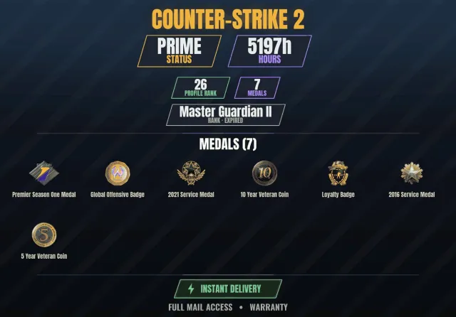 【CS2 Prime✨5100h🏆7 medals】 Veteran coin 10 years, Service medal 2016, Service medal, Sale, With inventory, Has PRIME