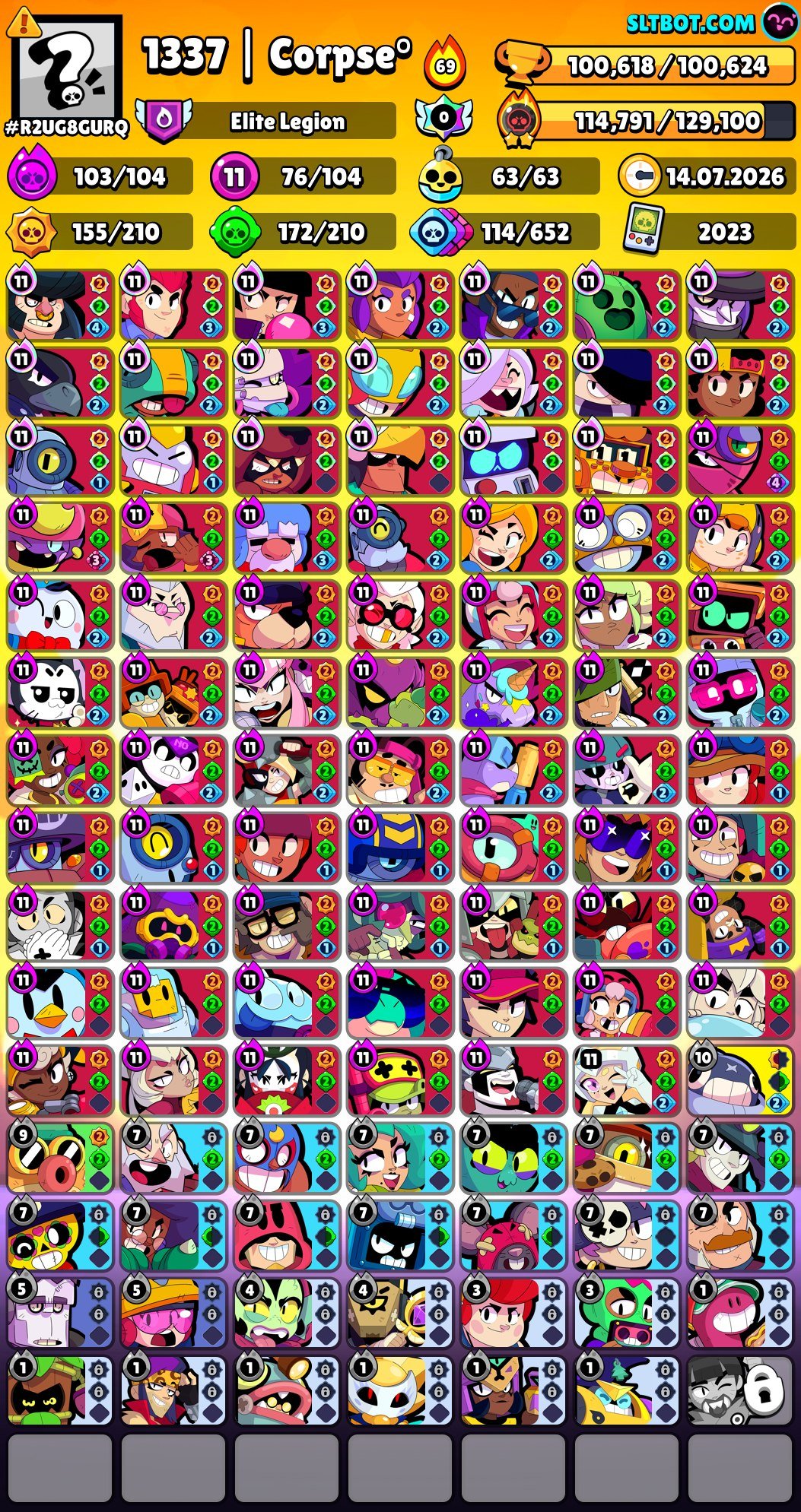 master account, 35 rank, 76 11, 104 characters, trophies 100600, brawlers 104, primes 88