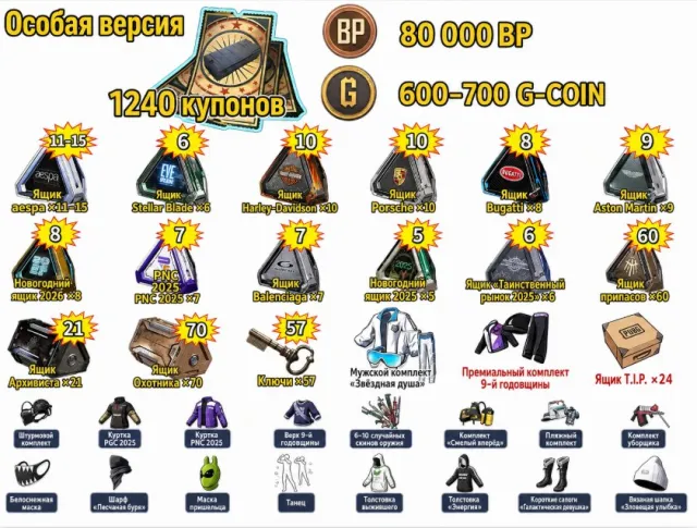 🎫1240 КУПОНОВ 📦260+СУНДУКОВ 💰80 000ВР 🔑57 КЛЮЧЕЙ 🎁600 - 700 G-COIN👕СКИНЫ, Нет BATTLEGROUNDS Plus
