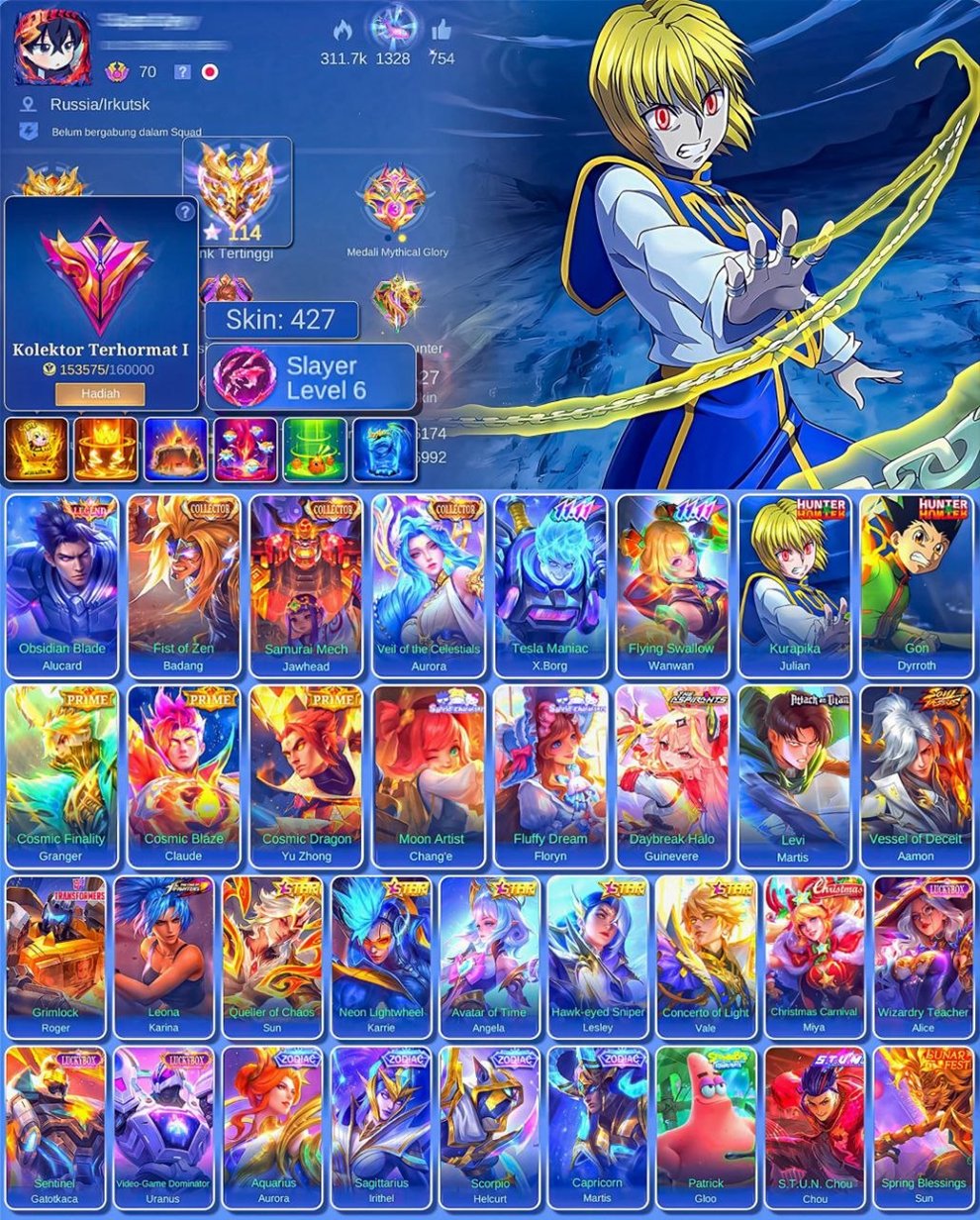 🔥Leg ALUK🔥🔴HXH - HARIT/JULIAN🔴SOUSD EYMON-AOT MARTIS⭐️CALL BADANG AURORA ⭐️💎11;11 IX BORG VAN VAN💎, Sale, Rank: Epic, Level: 90, Winrate: 53%, Heroes: 132, Skins: 427