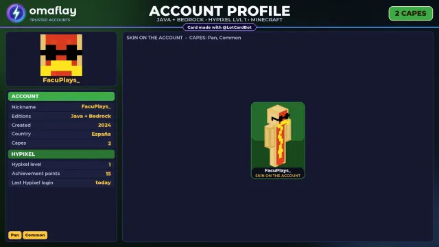 ⚡ 【MINECRAFT】 💎 JAVA + BEDROCK | 2 CAPES: Pan 💎 FULL ACCESS | NO BAN HYPIXEL (1 LVL) #4EVFRY, Sale, All account data