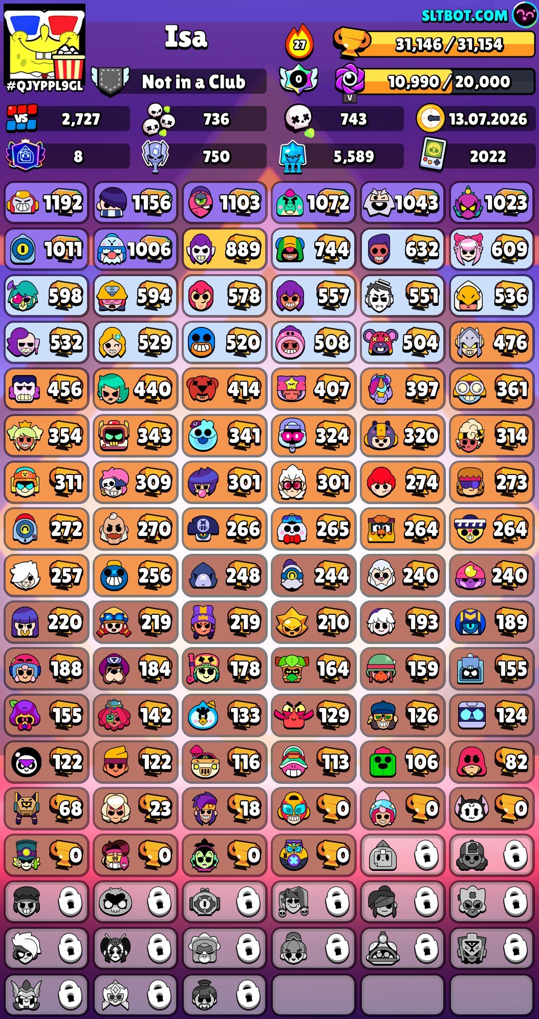 Account 31k 18x11 power 88 brawlers, trophies 31000, brawlers 88, primes 8