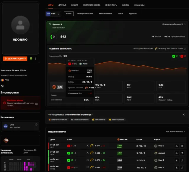 💙CS2 PRIME💙РОДНАЯ ПОЧТА 💙РОДНАЯ ПОЧТА💙БАН ФЙЕСИТА💙Platform abuse💙, Продажа, Інвентар пуст, Є PRIME, FACEIT, 1477 ELO, Зареєстрований: Так