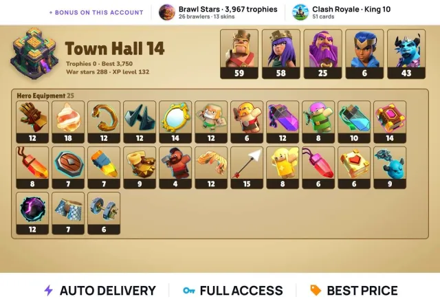 (Android/iOS) 💎 CoC TH14 💎 288 war stars 💎 BK 59 + AQ 58 + GW 25 + RC 6 + MP 43, 14 TH Native Village